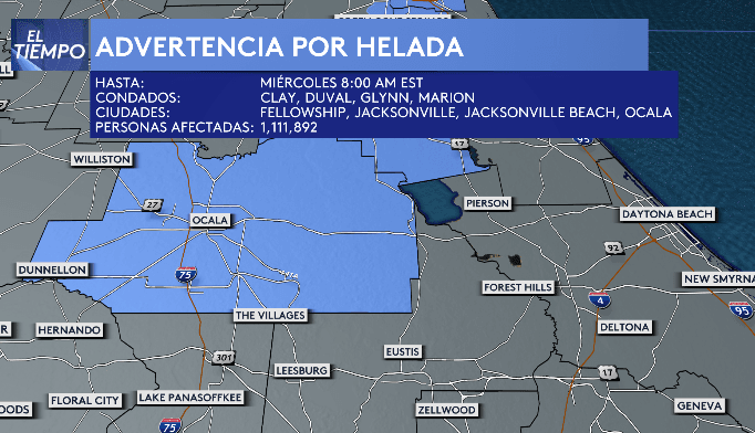 Hay una advertencia por helada vigente en el condado Marion hasta las 8 a.m. del miércoles. Las temperaturas pueden sentirse por debajo del punto de congelación en Ocala.