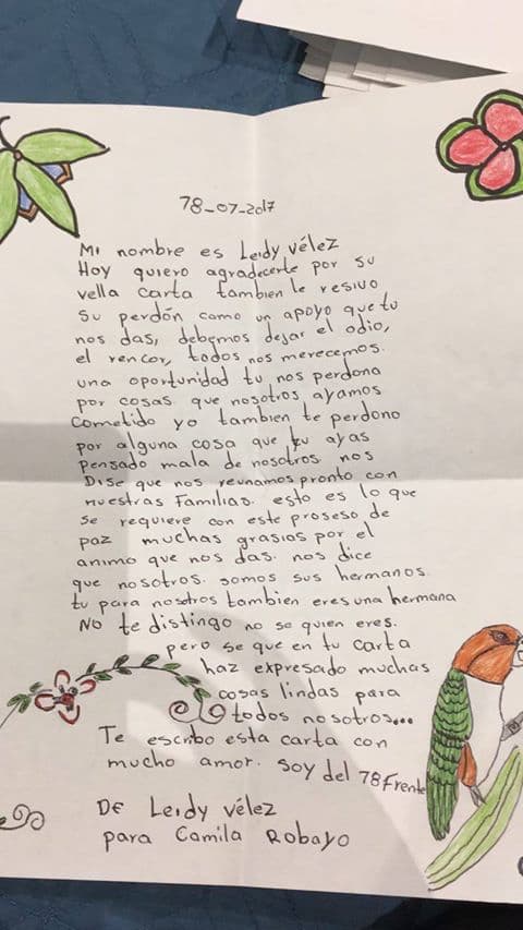 Esta es la carta que Leidy Vélez le escribió a Camila Robayo.