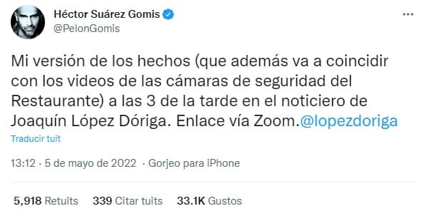 Héctor Suárez negó haberle estrellado “los lentes en la cara” a Serrano. Además, afirmó que el periodista “está exagerando y mintiendo para que entonces coincida su declaración de que hubo agresión física”.