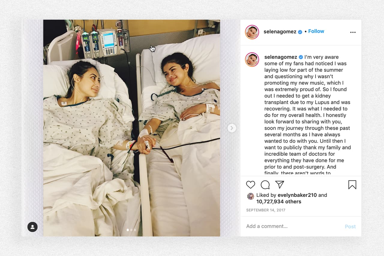 <b>La ventana a la vida de los otros.</b> Con esta emotiva serie de fotografías la cantante Selena Gomez contó a sus seguidores que recibió un trasplante de riñón en septiembre de 2017. Instagram es la sexta red social con más usuarios (100 millones). La primera es Facebook, con más de 2600 millones. Le siguen Youtube (más de 2,200), WhatsApp (1,800 millones), Facebook Messenger (más de 1,400) y WeChat (más de 1,200 millones.
