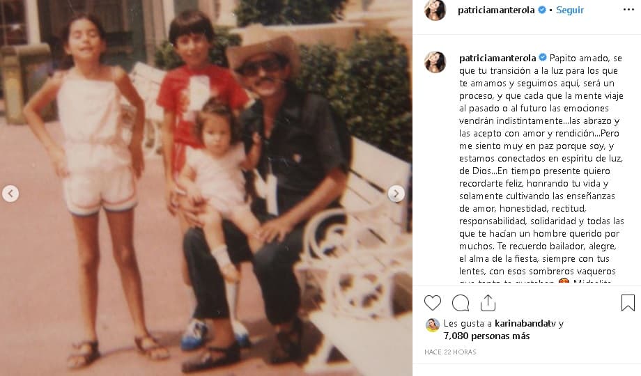 "Papito amado, sé que tu transición a la luz para los que te amamos y seguimos aquí, será un proceso, y que cada que la mente viaje al pasado o al futuro las emociones vendrán indistintamente… las abrazo y las acepto 
<b>con amor y rendición</b>", redactó.