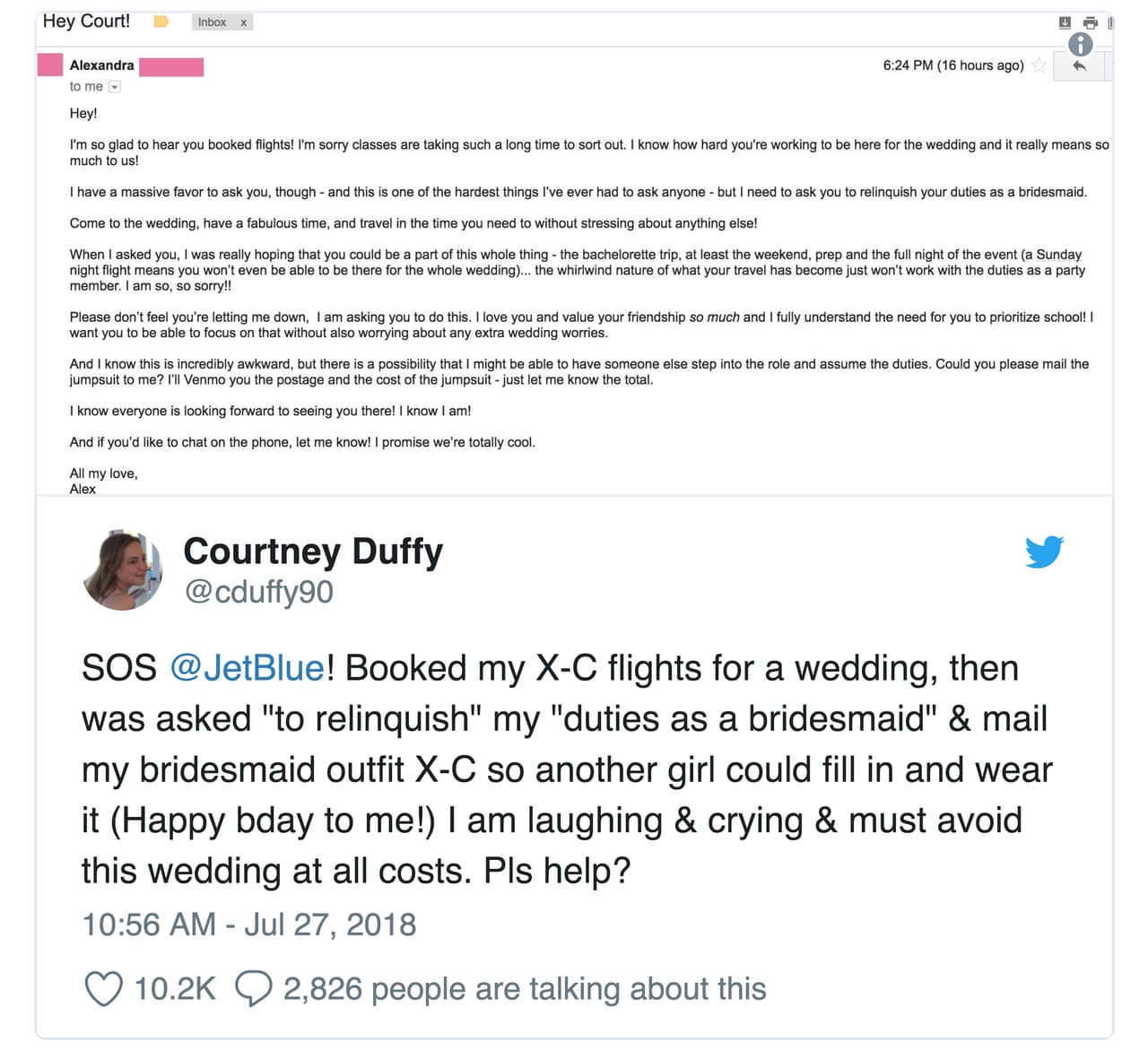 Duffy publicó el correo íntegro en Twitter.