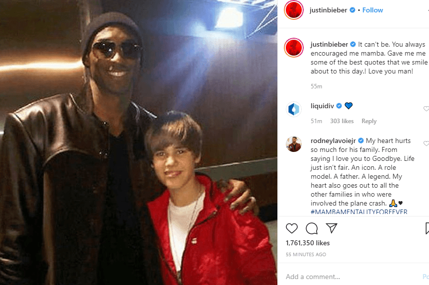 Justin Bieber compartió con sus 126 millones de fans, esta foto en la que confesó que algunas de las frases de vida con las que aún sonríe, se las dio 
<a href="https://www.univision.com/temas/kobe-bryant">Kobe Bryant. </a>