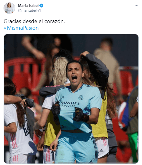 Misa Rodríguez, portera del Real Madrid Femenino, compartió en redes una foto (ya borrada) con ella del lado izquierdo y Marco Asencio, jugador del Madrid masculino del otro lado con la leyenda #mismapasión.