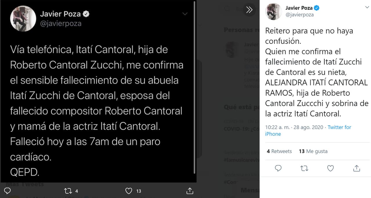 Alejandra Itatí Cantoral Ramos, hija de Roberto Cantoral Jr., confirmó que su abuela 
<b>falleció a las 7 de la mañana de un paro cardiorrespiratorio a los 83 años</b>, reportó el periodista Javier Poza.
<br>