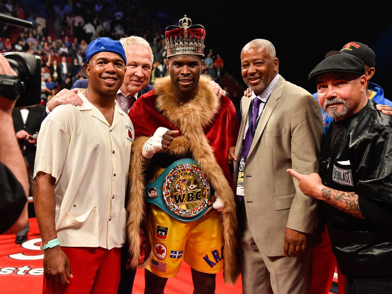 MONTREAL, QC - JUNE 03: Adonis Stevenson poses for photos with his trainer SugarHill Steward (left) and Sam Watson (right) during the WBC light heavyweight world championship match at the Bell Centre on June 3, 2017 in Montreal, Quebec, Canada. Adonis Stevenson defeated Andrzej Fonfara in the second round by way of technical knockout. (Photo by Minas Panagiotakis/Getty Images)