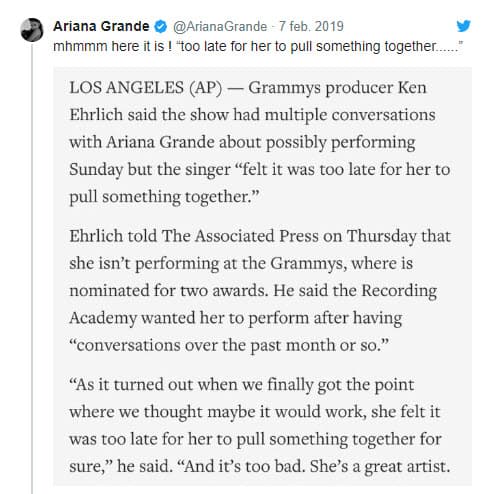 La intérprete de 'Thank U Next' desmintió públicamente en Twitter a Ken Ehrlich, uno de los productores de la premiación, quien a través de una entrevista a un medio de comunicación aseguró que Ariana declinó su participación por la premura de la invitación.
<br>