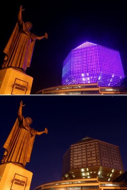 Aquí el centro de Minsk, con la Biblioteca Nacional de Bielorrusia emergiendo de la oscuridad.