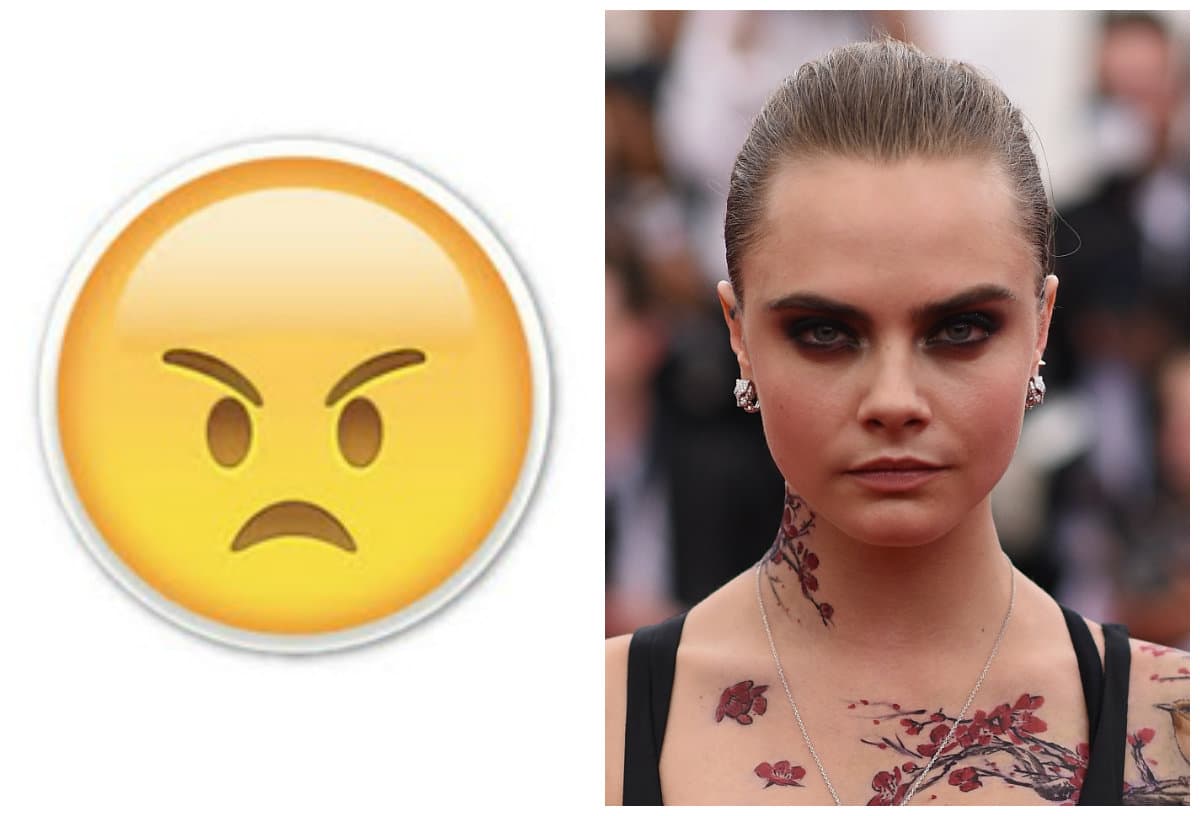 ¡¿Por qué tan enojada?! Cara Delevingne tiene su propio emoticono y aquí te lo presentamos. Sus pobladas cejas son parte del look.