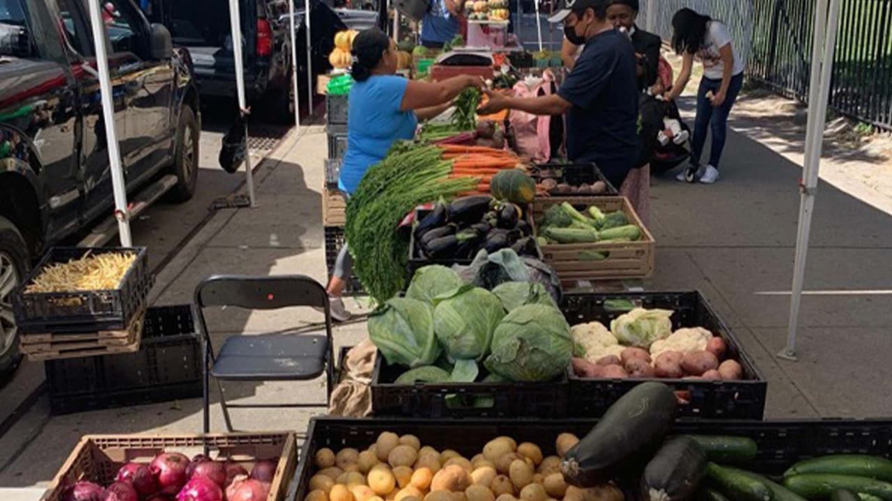 Un puesto del mercado de agricultores que vende alimentos cada sábado en la Avenida Knickerbocker de 9:00 a.m. a 3:00 p.m. El mercado está organizado por Riseboro, una organización sin ánimo de lucro.