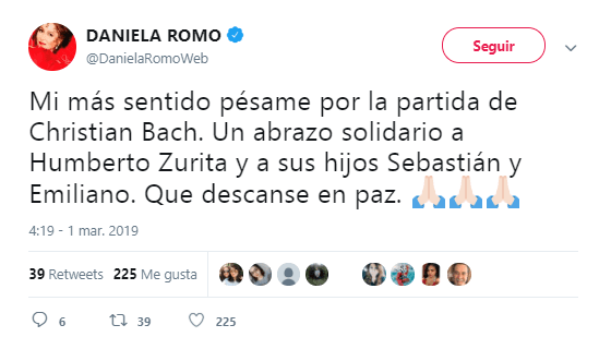 La actriz y cantante 
<b><a href="https://www.univision.com/temas/daniela-romo" target="_blank">Daniela Romo</a> </b>envió un abrazo a su esposo, Humberto Zurita, y sus hijos Sebastián y Emiliano.