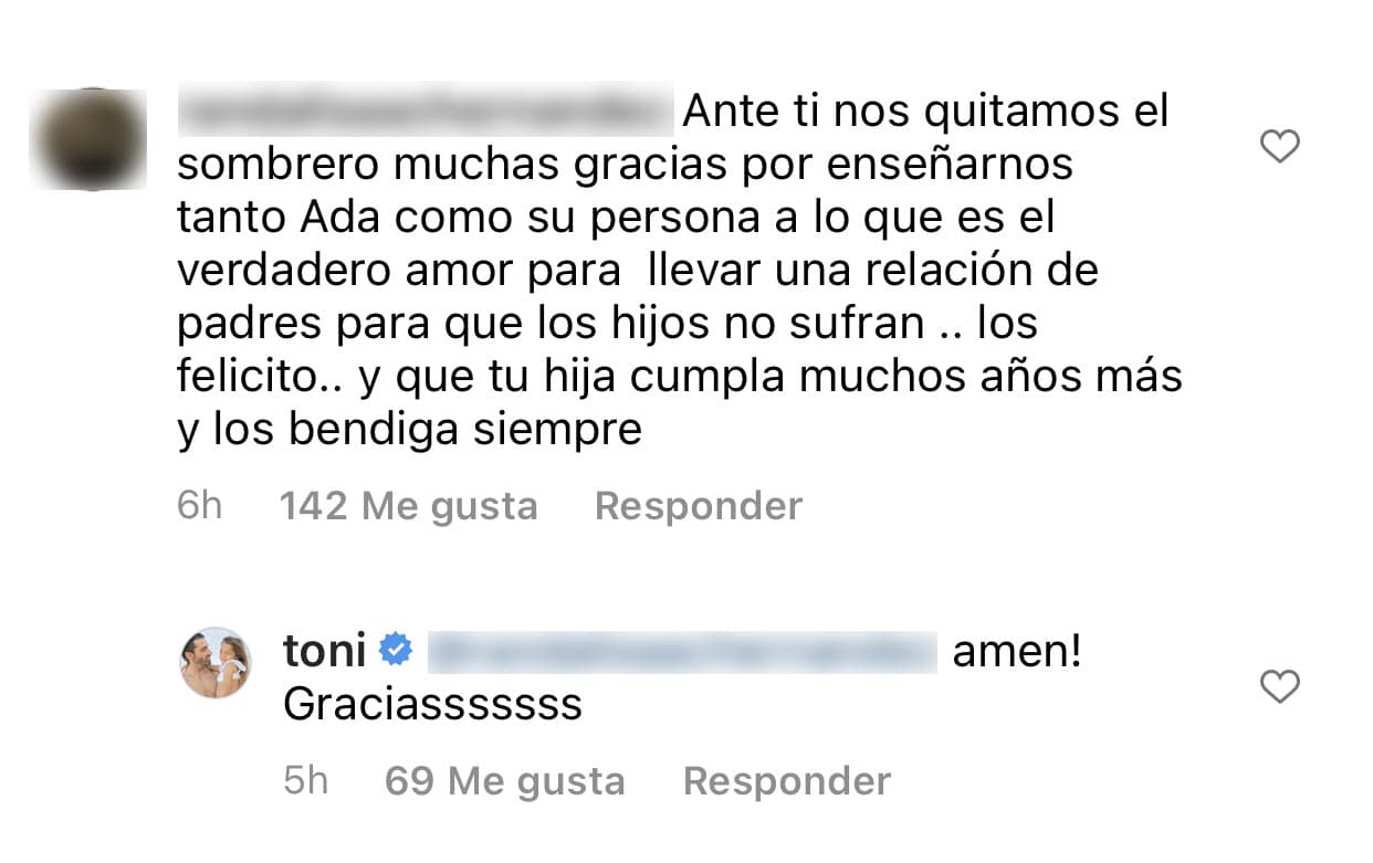 Toni Costa también ha recibido apoyo por parte de otros de sus seguidores, quienes aplauden el "verdadero amor" que deja ver con su ex en el afán de que "los hijos no sufran". Ante comentarios así, el padre de Alaïa ha dejado notas de agradecimiento. 
<br>