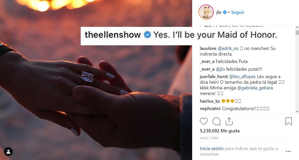 La comediante y presentadora respondió con un: “Sí, seré tu dama de honor” a Jennifer López, quien la etiquetó en la fotografía que compartió en redes sociales y con la que anunció su compromiso.