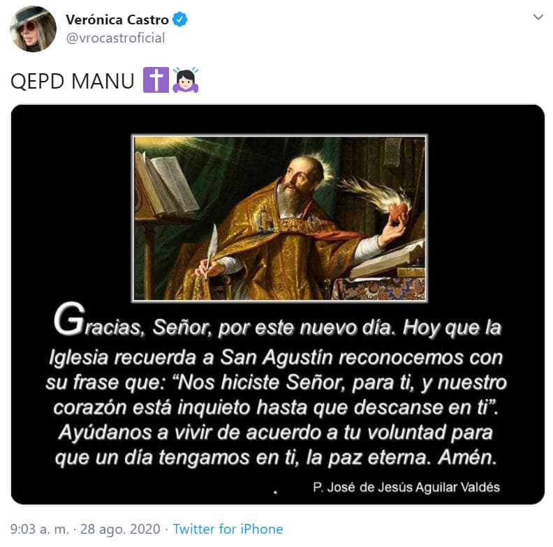 <b>Verónica Castro</b>, quien fue su pareja y madre de uno de sus 12 hijos, se pronunció en Twitter para despedirlo.
<br>