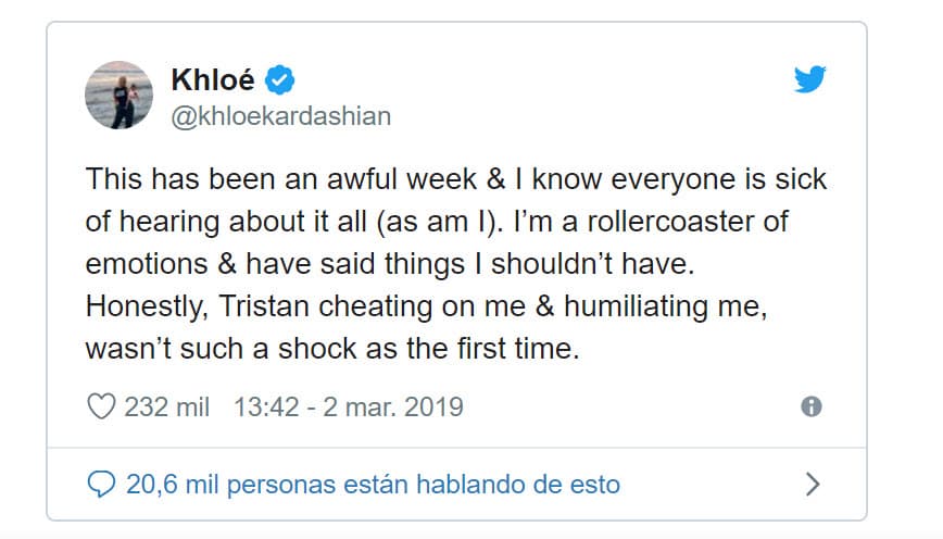 Días después Kardashian se retractó de su mensaje: "Esta ha sido una semana terrible y sé que todos están hartos de escucharlo (como yo). Soy una montaña rusa de emociones y he dicho cosas que no debería haber dicho. Honestamente, Tristan engañándome y humillándome, no fue tan impactante como la primera vez".