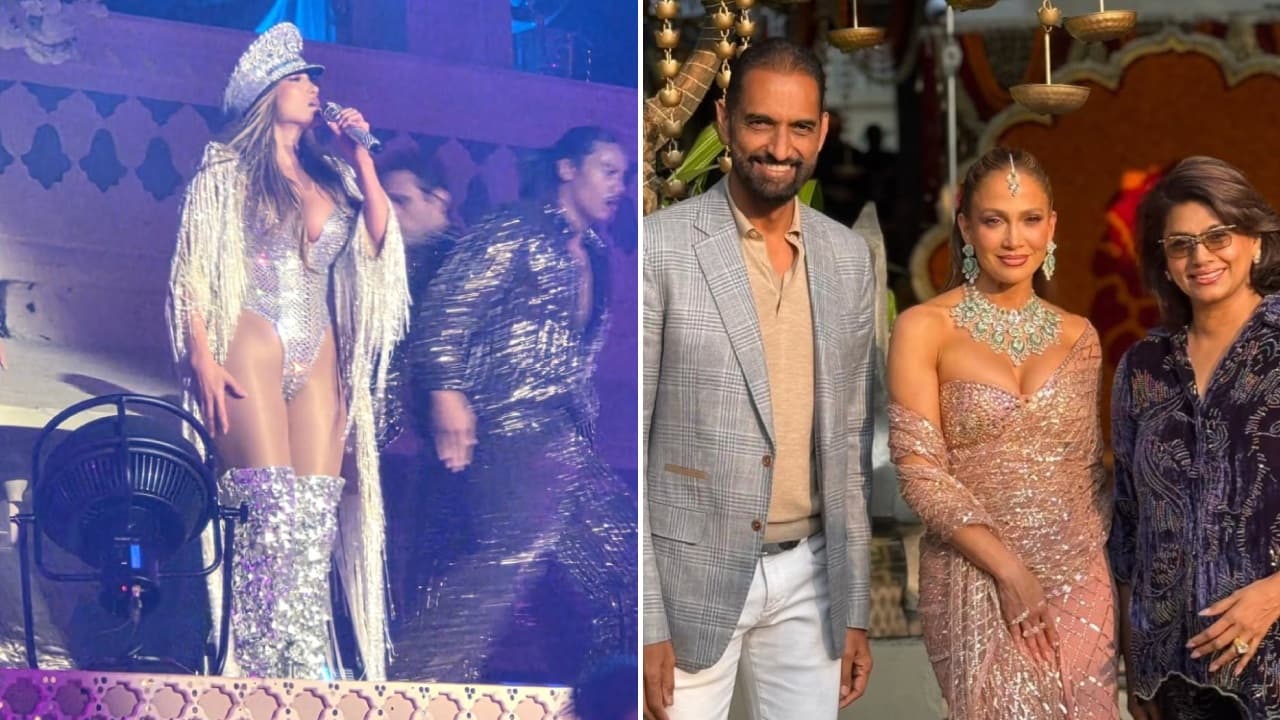 Jennifer López con la emprendedora Pinky Reddy y su esposo GV Sanjay Reddy, en la boda de Netra Mantena y Vamsi Gadiraju.