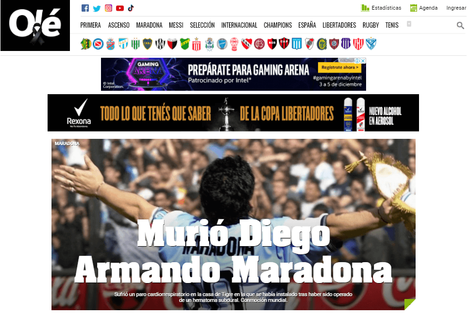 Estos son los encabezados de los medios digitales más importantes que despiden a Diego Armando Maradona.