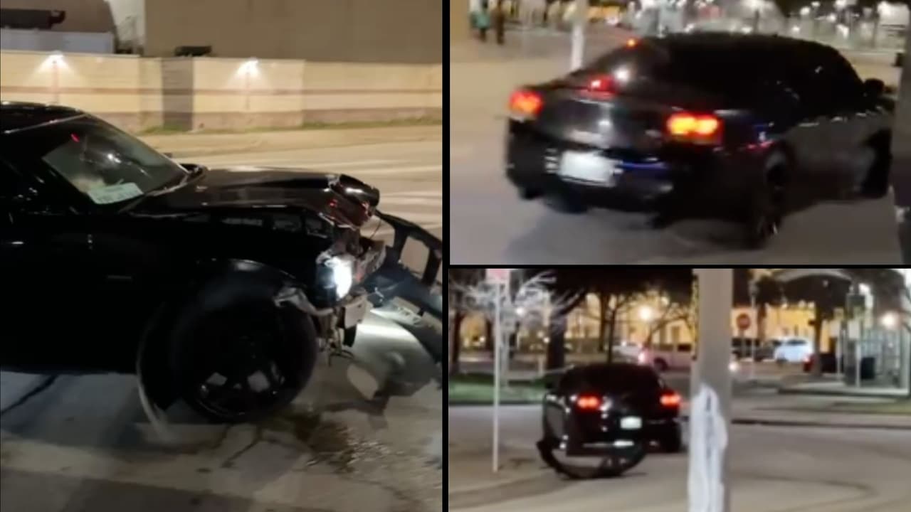 Un video registra el momento en que un auto, Dodge de color negro, huye luego de chocar contra un camión de comida mexicana en el centro de la ciudad de Dallas.