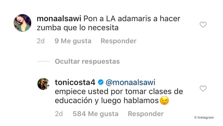 Sin embargo, la usuaria @monaalsawi 
<b>comentó que "Adamari necesita hacer Zumba"</b>, situación que Toni no dejó pasar.
<br>