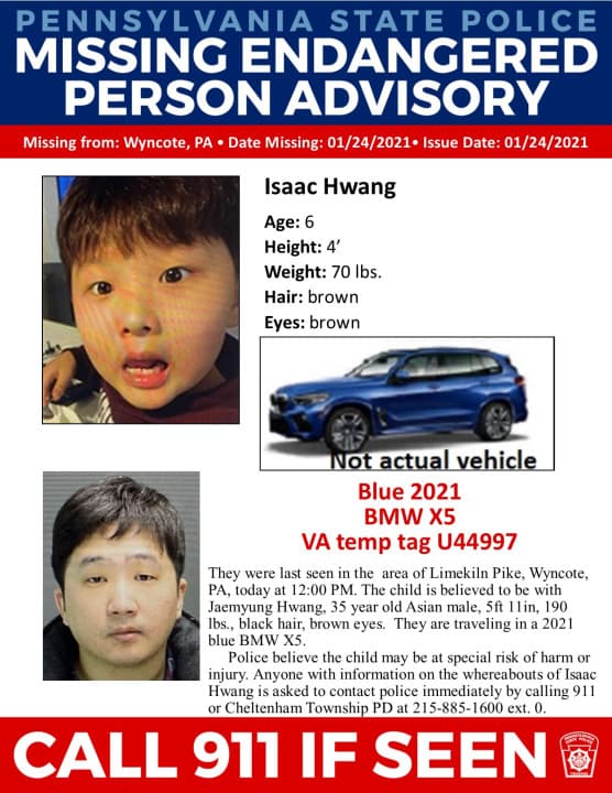 La Policía Estatal de Pensilvania busca a un niño de nuestra área que podría estar en peligro. La policía dice que Isaac Hwang, de 6 años, fue visto por última vez el domingo por la tarde en Wyncote, condado de Montgomery, con Jaemyung Hwang, de 35 años. La policía informó que el niño pequeño puede correr un riesgo especial de sufrir daños o lesiones.La pareja fue vista viajando en un BMW X5 azul 2021. El coche tiene matrícula de Virginia, número de placa U44997.