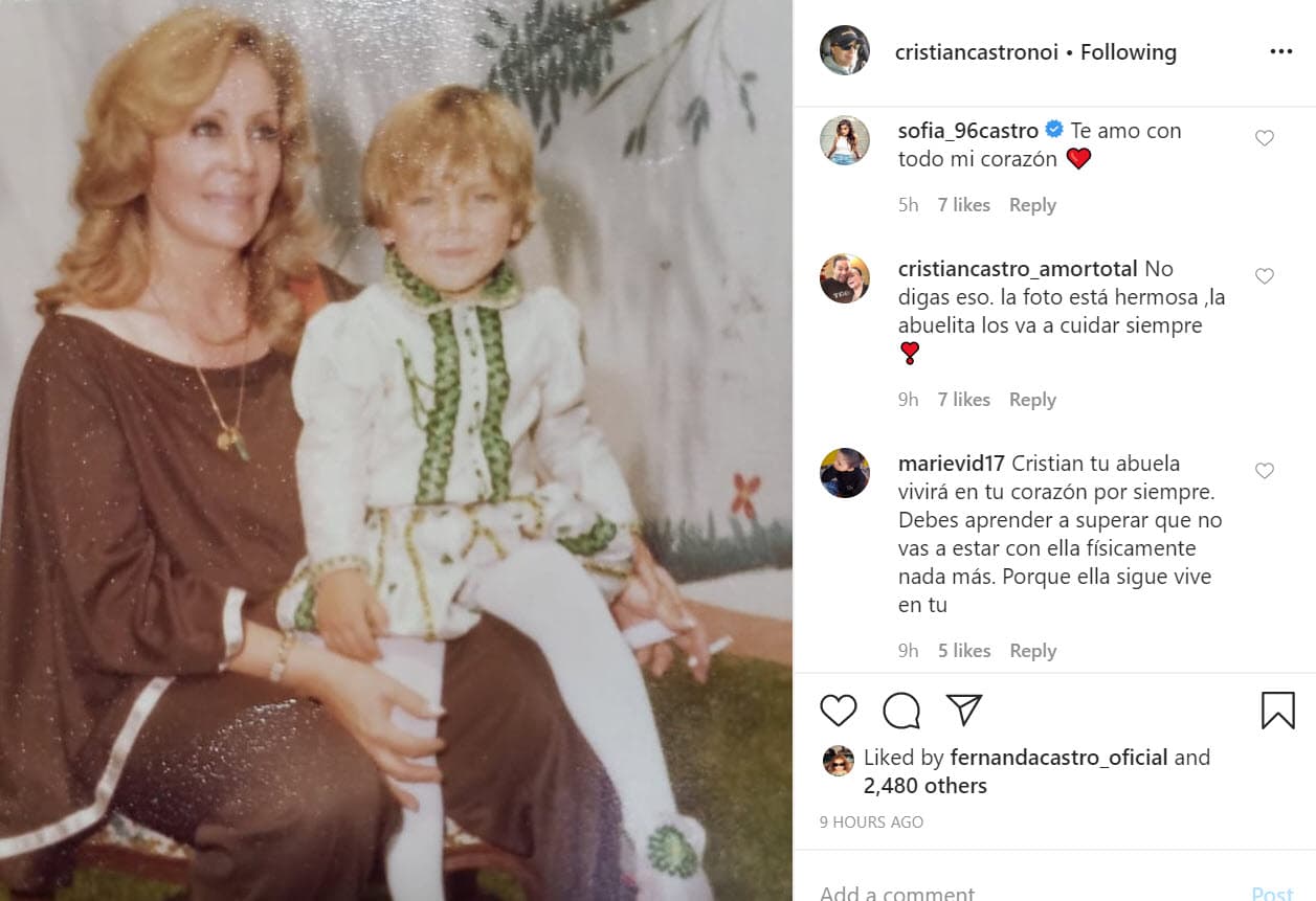 Fue hasta el 13 de mayo que reapareció en su cuenta de Instagram para publicar una fotografía donde aparece con su abuela, la cual va acompañada del siguiente mensaje: "
<b><a href="https://www.univision.com/famosos/mi-sentido-de-vivir-esta-muerto-cristian-castro-no-se-repone-de-la-muerte-de-su-abuela-y-sofia-lo-consuela-video">Mi sentido de la vida está muerto</a></b>".
<br>