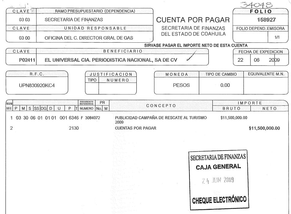 Se mostró, además, la factura de una presunta campaña turística por un valor de 11 millones de pesos (550,000 dólares). En un editorial, El Universal respondió que el señalamiento de Villarreal Hernández “es totalmente falso”, pues el diario “mantuvo una postura crítica ante el desempeño público del funcionario y la dependencia que encabezaba”.