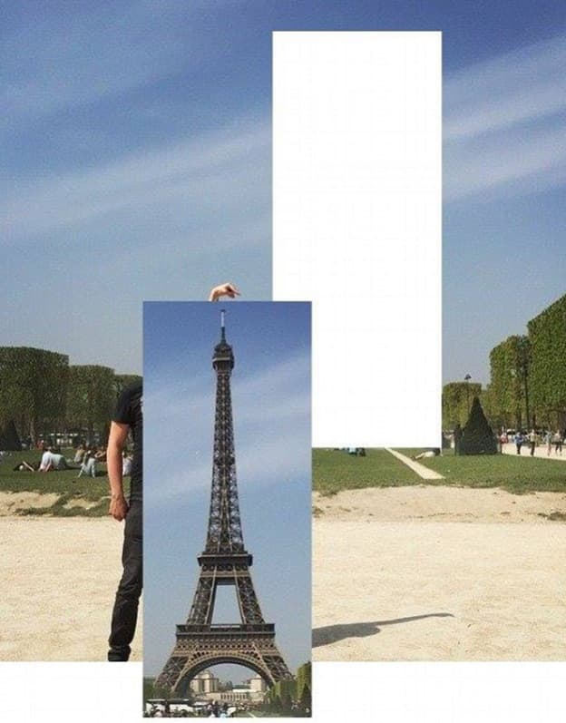 Este hombre le pidió ayuda al Internet para poner la Torre Eiffel bajo su dedo. Como pueden ver se arrepintió rápidamente.