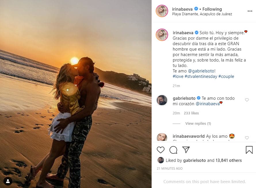 <b>Irina Baeva</b> aprovechó la romántica fecha para reiterarle su amor a Gabriel Soto: "Solo tú. Hoy y siempre. Gracias por darme el privilegio de descubrir día tras día a este gran hombre que está a mi lado. Gracias por hacerme sentir la más amada, protegida y, sobre todo, la más feliz a tu lado. ¡Te amo Gabriel Soto!". El actor comentó la publicación: "Te amo con todo mi corazón Irina Baeva".