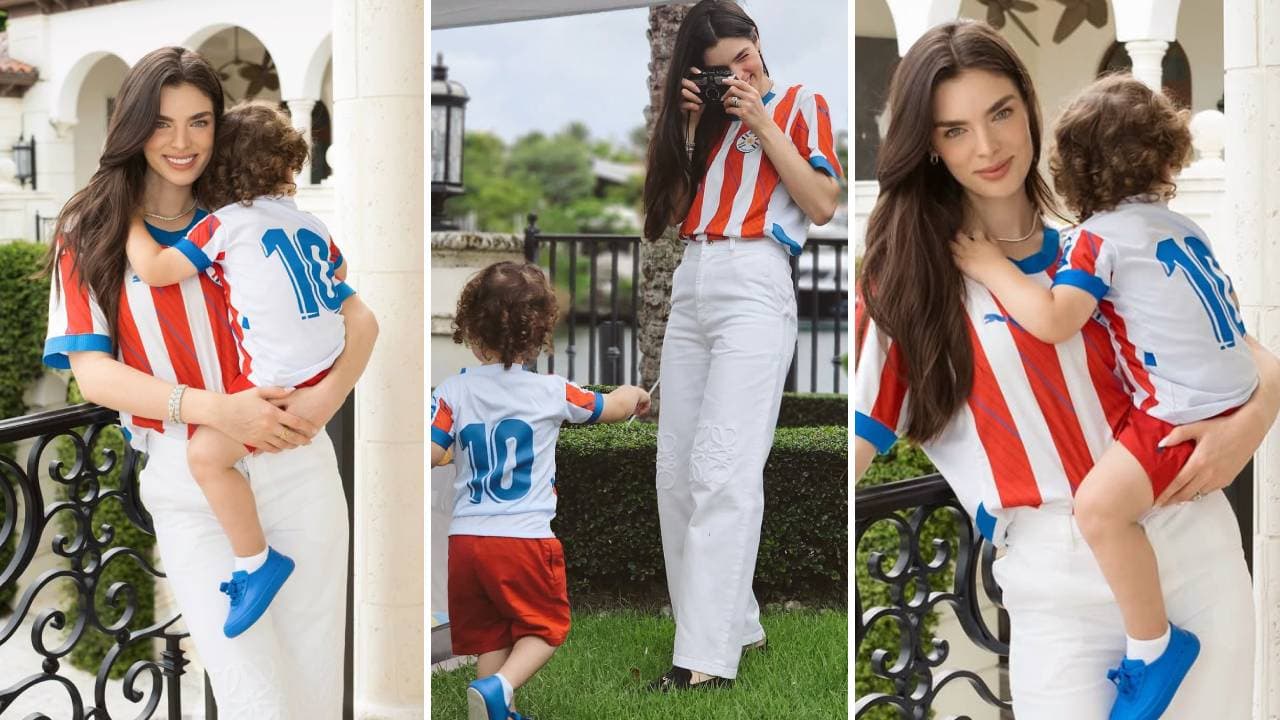 Nadia Ferreira y su hijo portan la camiseta albirroja de la selección de futbol de Paraguay.