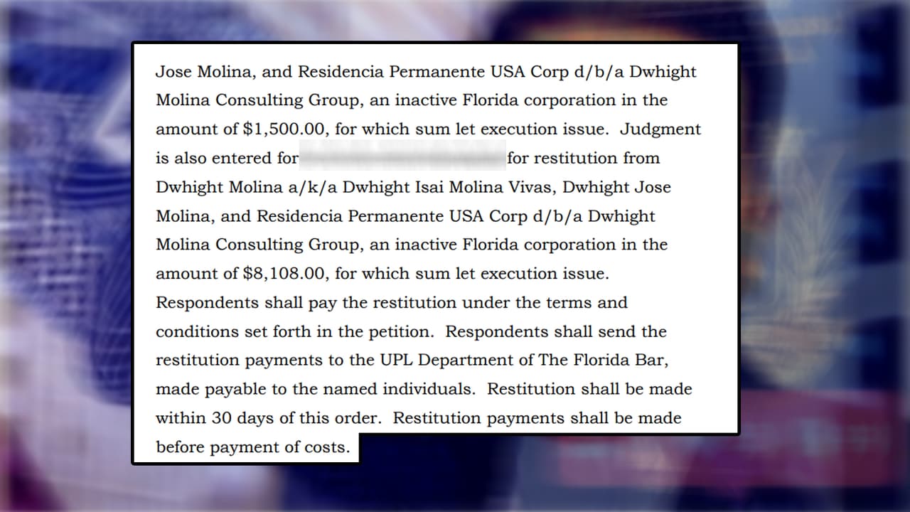 Molina perdió una demanda en su contra en el estado de Florida, por lo que debe pagar a un cliente que contrató sus servicios para un trámite migratorio, la retribución por los pagos hechos y daños causados.