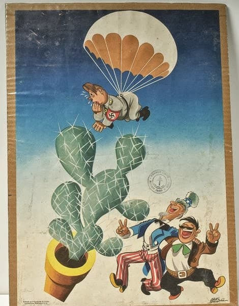 Las caricaturas, menos solemnes, recurrían al humor para representar la unión entre EEUU y México en contra de la Alemania Nazi.