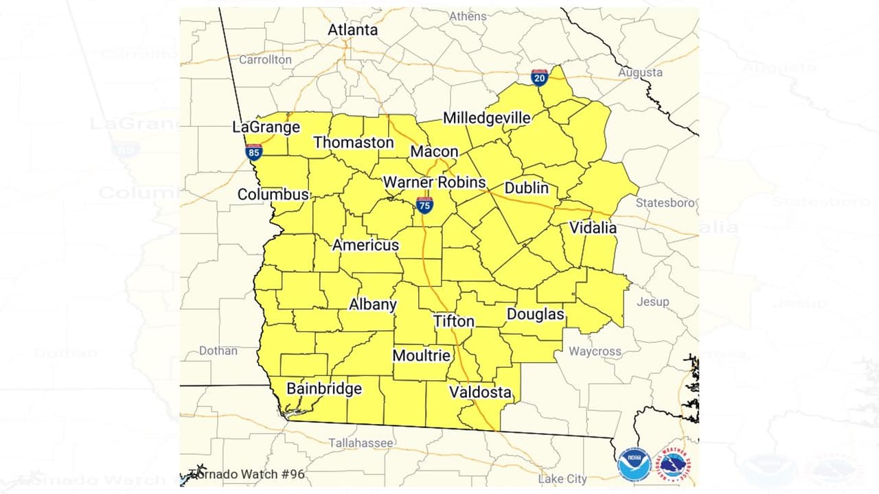 Emiten una vigilancia de tornado para 75 condados en el suroeste de Georgia