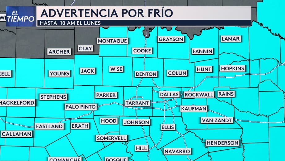 <b>Advertencia por frío hasta las 10:00 a.m. del lunes</b> para el norte de Texas, incluyendo el área de Dallas-Fort Worth. Debido a un frente ártico, la sensación térmica durante las próximas horas caerá entre los 5 °F (-15 °C) y 15 °F (-9 °C).