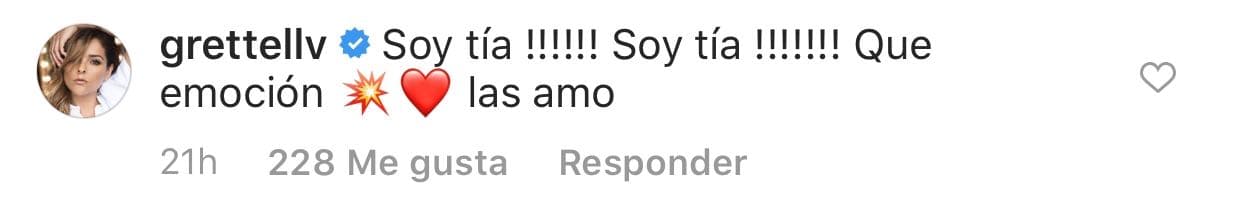Quien también mostró su alegría fue 
<b><a href="https://www.univision.com/temas/grettell-valdez" target="_blank">Grettell Valdez</a></b> al escribir: "¡Soy tía! ¡Soy tía! Qué emoción. Las amo".