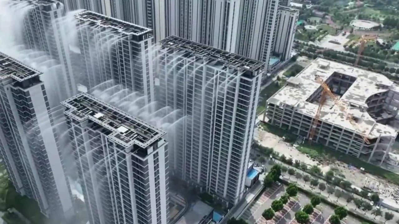 ¿Calor? ya no, edificios en China cuentan con mecanismo que permite lluvia artificial