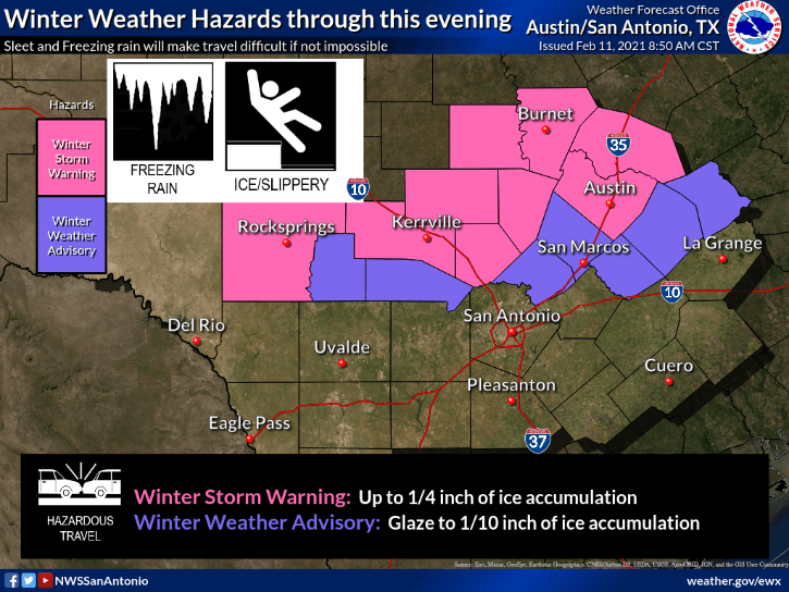 Una combinación de aire inestable y temperaturas frías producirá lluvia helada durante todo el día y hasta la noche. Otras áreas del centro de Texas como Fredericksburg, Burnet, Llano y Georgetown, deberían ver acumulaciones de lluvia helada en las carreteras y superficies expuestas, como puentes y pasos elevados.