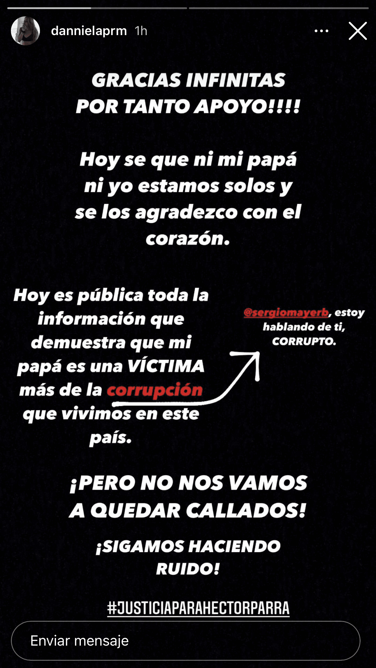 "Hoy es pública toda la información que demuestra que mi papá es una víctima más de la corrupción que vivimos en este país. 
<b>Sergio Mayer, estoy hablando de ti, corrupto</b>", escribió en uno de ellos.
<br>
