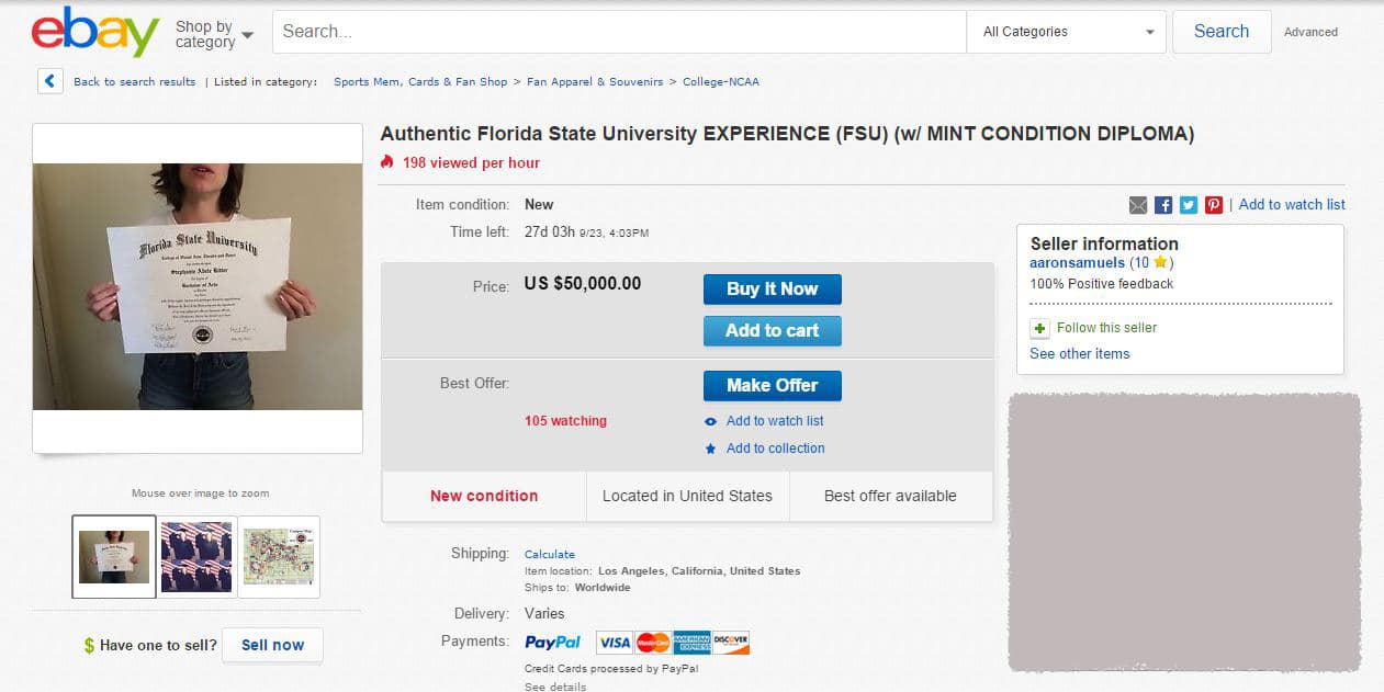 Anuncio que publicó Stephanie Ritter en eBay.