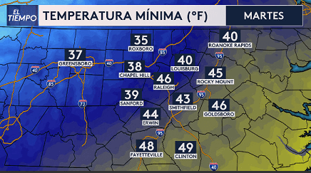 Un aviso por helada está vigente para gran parte del oeste de Carolina del Norte desde la medianoche hasta el mediodía del martes. "Las temperaturas bajo cero matarán los cultivos y otra vegetación sensible y posiblemente dañarán las tuberías exteriores desprotegidas", compartió el Centro de Operaciones de Emergencias de Carolina del Norte (NCEM).