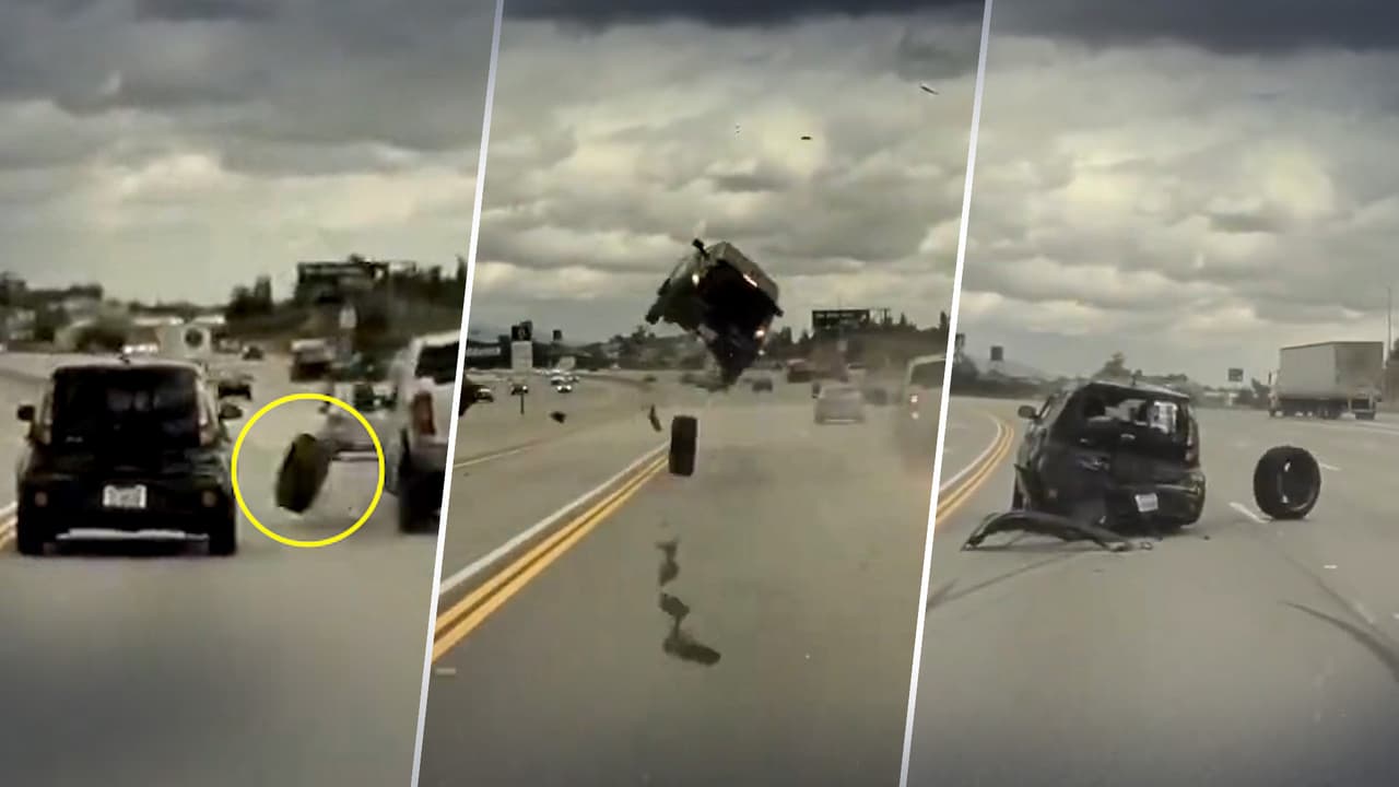 Una llanta tira por los aires a una camioneta y todo es captado por un Tesla