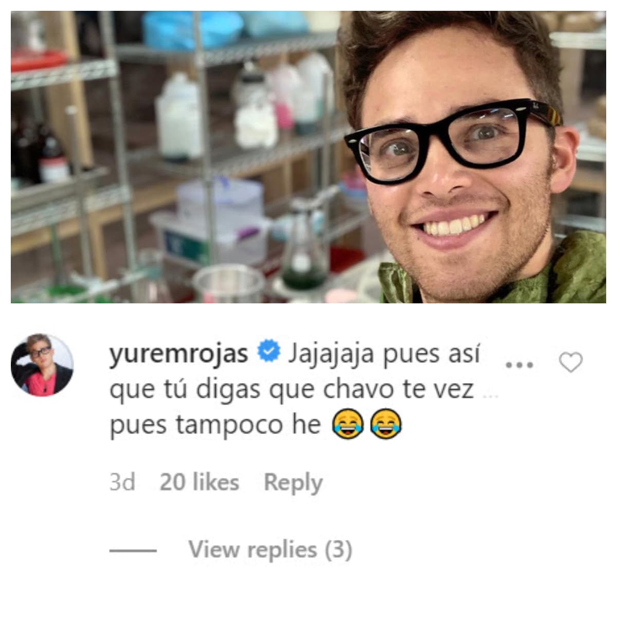 La foto le valió un divertido comentario por parte del actor, cantante y presentador 
<b><a href="https://www.univision.com/shows/me-caigo-de-risa/yurem-el-comediante-que-no-tiene-remedio" target="_blank">Yurem Rojas</a></b>: "Ja ja ja ja, pues así que tú digas qué chavo te ves... pues tampoco eh". 
<br>