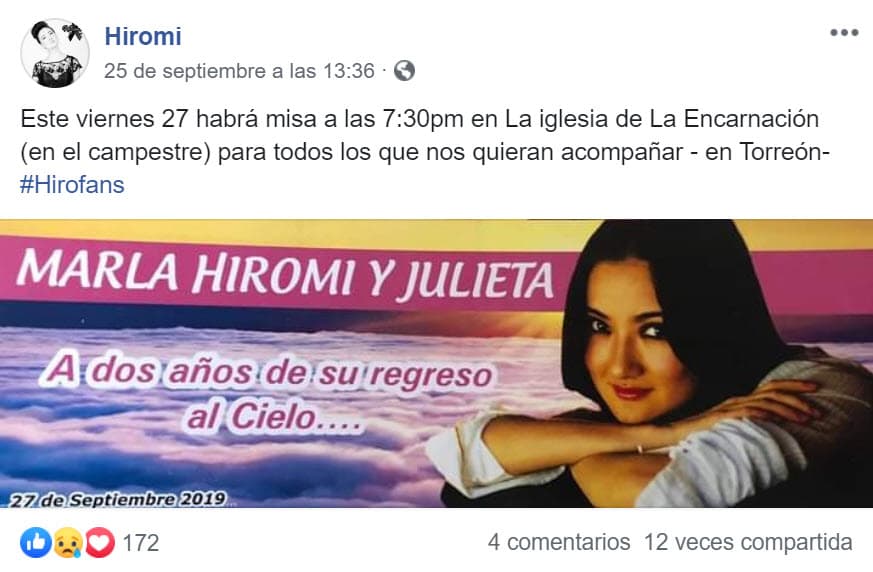 Fher Ochoa, fan de Hiromi, declaró al diario local El Siglo de Torreón que la eucaristía será abierta al público: "Este viernes vamos a recordar a Hiromi con una misa, aunque de alguna manera siempre está viva entre nosotros gracias a su talento y a los buenos momentos que nos dio".