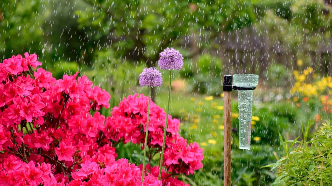 No riegues el jardín cuando llueve.
<br>