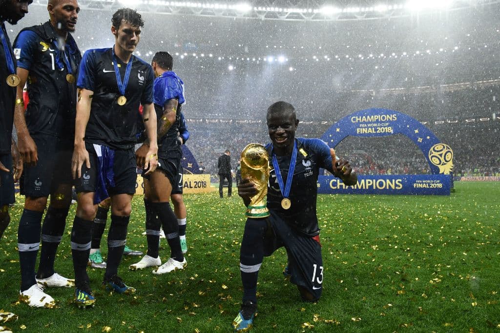 France's midfielder N'Golo Kante poses with the World Cup trophy during the trophy ceremony at the end of the Russia 2018 World Cup final football match between France and Croatia at the Luzhniki Stadium in Moscow on July 15, 2018. (Photo by FRANCK FIFE / AFP) / RESTRICTED TO EDITORIAL USE - NO MOBILE PUSH ALERTS/DOWNLOADS (Photo credit should read FRANCK FIFE/AFP/Getty Images)
