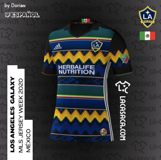 <b>Los Angeles Galaxy = Selección de México</b>
<br>El clásico poncho mexicano -tejido con hilos multicolores- fue la fuente de inspiración para este diseño alternativo de la camiseta de LA Galaxy, uno de los equipos de MLS más identificados con el legado de la cultura mexicano en Estados Unidos.