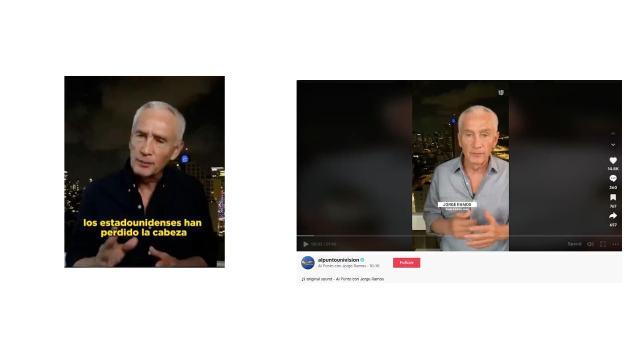 A la izquierda, el video con el audio modificado, con acento español. A la derecha, Ramos desde Tel Aviv. La torre con una luz azul en el fondo muestra que la imagen del aviso se tomó de uno de sus reportes desde allí.