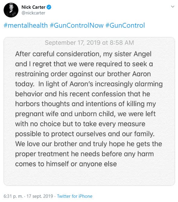 En un mensaje el cantante escribió: "Después de una cuidadosa consideración, mi hermana Angel y yo lamentamos que se nos haya recomendado hoy solicitar una orden de restricción en contra nuestro hermano Aaron".