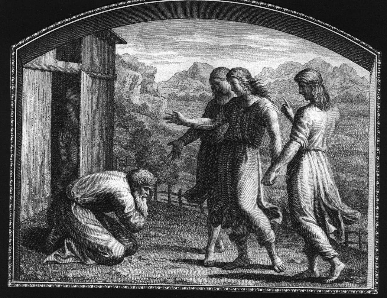 Dios y dos ángeles se le aparecen a Abraham para confirmarle que Sara tendrá un hijo. Después de que el bebé nace, Abraham recibe la orden divina de sacrificarlo y, justo en el momento en el que lo va a hacer, un ángel se lo impide, prometiéndole una numerosa descendencia.