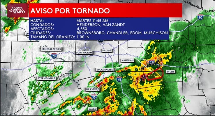 <b>Aviso por tornado: </b>Afecta a
<b>parte de los condados Henderson y Van Zandt </b>hasta las 11:45 a. m. Tome precauciones y
<b>busque refugio en el área</b>.