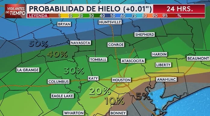 La probabilidad de hielo es baja y podríamos ver capas muy ligeras más en puentes o pasos a desnivel en Houston. Al norte, en nuestro límite del área de cobertura, la posibilidad es más alta.